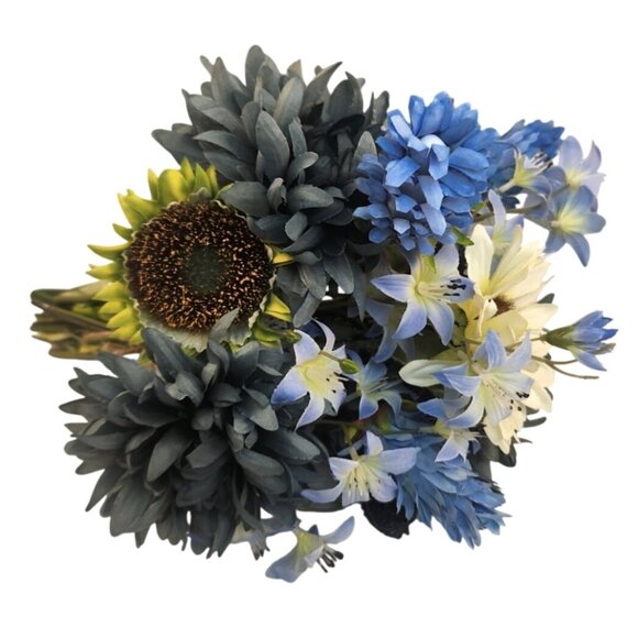 Artificial Blue Mums & White Sunflowers 16 Stem Faux Floral Bundle Arrangement B - Picture 6 of 16